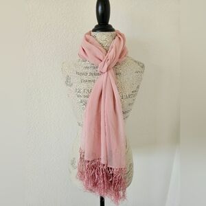 Vintage ECHO 100% Silk Scarf in Blush Pink - Tassel Fringe Hem - Oblong Wrap